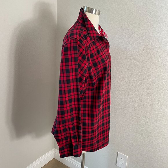 Chaps Womens Plus 2X Red Black Plaid No Iron Button Up Shirt Long Sleeve Blouse - Picture 2 of 11